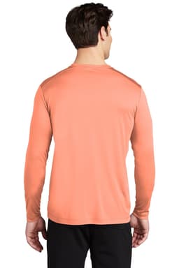 A man wearing a long sleeve, coral Sport-Tek Posi-UV Pro tee from the back. The shirt features a logo.