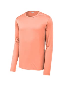 A long sleeve t-shirt in a light coral colour with a logo on the upper part. Suitable for casual wear.