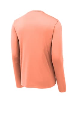 A long sleeve T-shirt in a coral colour, featuring a back view and a logo on the collar.