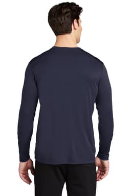 A man wearing a navy long sleeve tee, showcasing the back view of the Sport-Tek Posi-UV Pro Long Sleeve Tee.