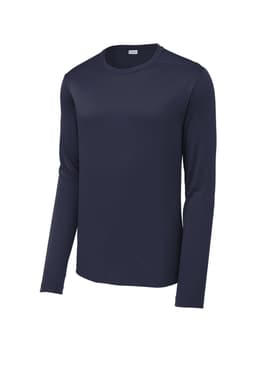 A long sleeve tee in navy blue, featuring a sleek design and a logo on the fabric.
