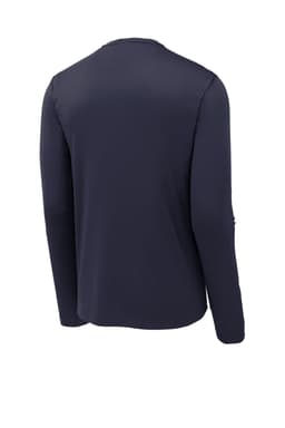 A navy long sleeve tee with a smooth finish and a simple, understated design. It features a logo on the back.