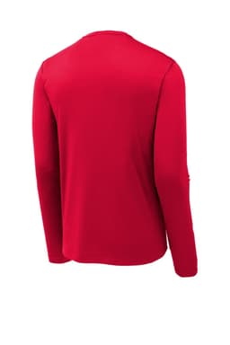 A red long sleeve tee featuring a round neckline and a logo on the back. Suitable for casual wear.