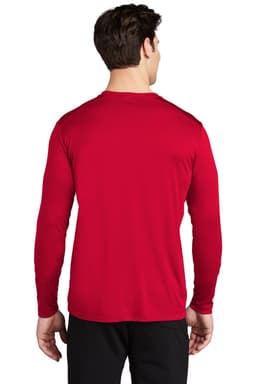 A red long sleeve tee with a smooth finish, featuring a logo on the back. Ideal for active wear.
