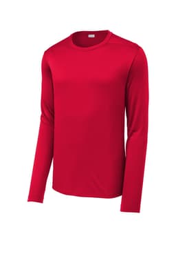 A red long sleeve tee made of moisture-wicking fabric, featuring a logo on the sleeve.