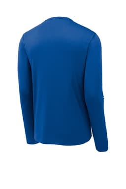 A long sleeve T-shirt in a vibrant blue colour, featuring a smooth texture and fitted design, with a logo on the back.