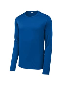 A blue long sleeve T-shirt featuring a logo, made from lightweight material.