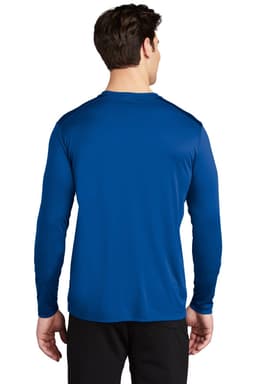 A man wearing a blue long sleeve tee, featuring a logo on the back, with a plain design.