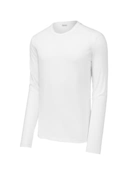 A white long sleeve tee with a round neck and a logo on the sleeve.
