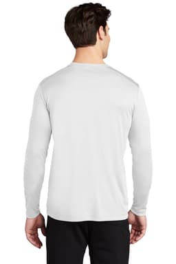 A man wearing a white Sport-Tek Posi-UV Pro long sleeve tee, viewed from the back. The shirt has a logo.