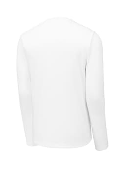A white long sleeve tee with a smooth finish and a logo on the back. Suitable for various casual occasions.