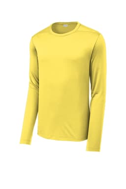 A long sleeve yellow tee made from lightweight fabric, featuring a logo on the front.