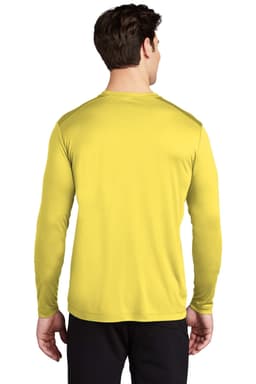 A long sleeve t-shirt in bright yellow, featuring a logo on the back.