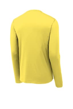 A long sleeve yellow t-shirt made from lightweight fabric, featuring a logo on the back.