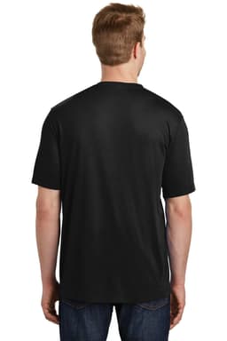 A black T-shirt with short sleeves, featuring a plain design and a logo on the back.