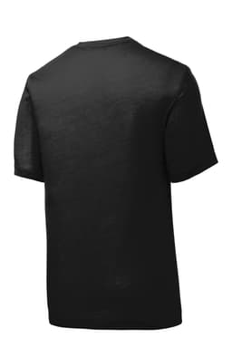 A black T-shirt with a simple design and a logo on the back.