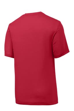 A red t-shirt with short sleeves and a plain back, featuring a logo. Ideal for casual wear.
