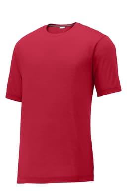 A red t-shirt with short sleeves, featuring a simple design and a logo on the chest.