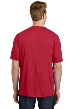 A red T-shirt with short sleeves, viewed from the back, featuring a logo on the upper area.
