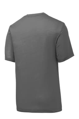 A grey t-shirt with short sleeves and a simple design, featuring an unobtrusive logo.