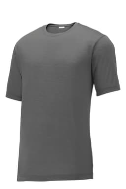 A grey T-shirt with short sleeves, made from cotton, featuring a logo on the front.