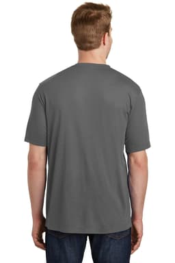 A grey T-shirt with short sleeves displayed from the back, featuring a logo.