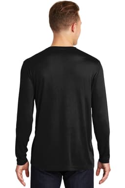 A long sleeve black T-shirt viewed from the back, featuring a logo on the upper side.