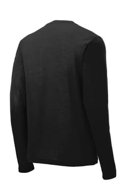 A black long sleeve T-shirt with a textured finish and a simple design, featuring a logo on the back.