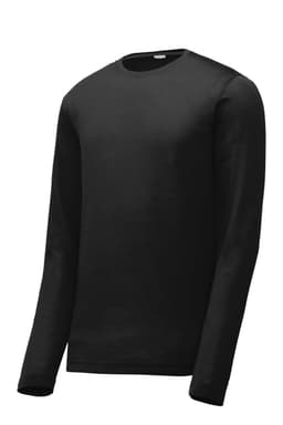 A black long sleeve t-shirt with a round neck and a logo on the front.