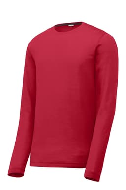A red long sleeve T-shirt with a round neck and a logo. Ideal for casual wear.
