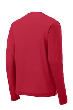A red long sleeve T-shirt with a smooth finish, featuring a back view and a logo on the neckline.