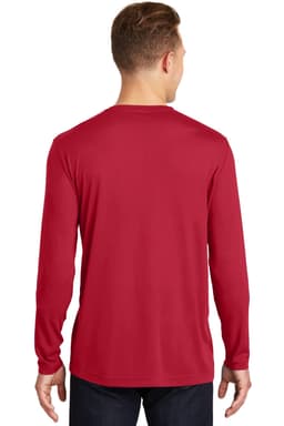 A red long sleeve t-shirt viewed from the back, featuring a logo on the back. The fabric appears smooth and lightweight.