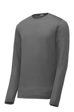 A grey long sleeve t-shirt with a round neckline and a logo on the front.