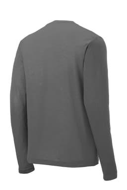 A long-sleeve grey t-shirt featuring a soft, cotton-like texture and a branding logo.