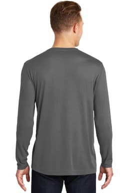 A long sleeve grey T-shirt with a smooth finish, featuring a logo on the back.