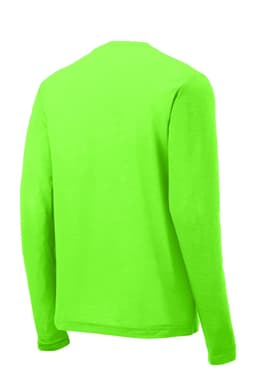 A vibrantly green long sleeve T-shirt with a back view, featuring a simple design and a logo.