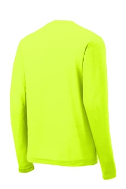 A bright yellow long sleeve T-shirt with a back view, featuring a logo on the upper back.