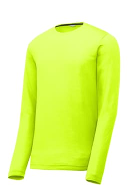 A long sleeve, bright yellow T-shirt with a logo on the chest, made from a cotton touch fabric.
