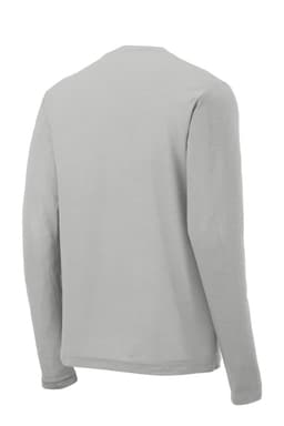 A grey long sleeve t-shirt featuring a back view, made from PosiCharge fabric, with a branding logo.