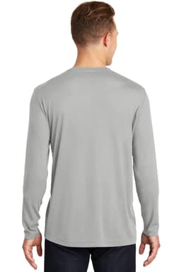 A long sleeve grey tee with a plain back. The fabric has a smooth texture and features a logo.
