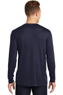 A long sleeve navy t-shirt with a smooth finish and a branding logo on the back.