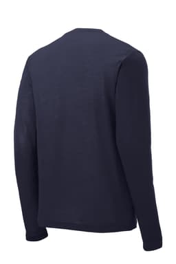 A navy long sleeve tee with a simple design and a logo on the back.