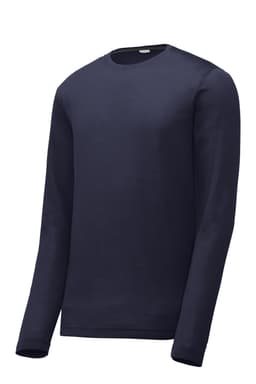 A navy long sleeve t-shirt made of cotton touch fabric, featuring a crew neck and a logo on the label.