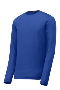A long sleeve t-shirt in bright blue featuring a crew neck and a logo on the chest.