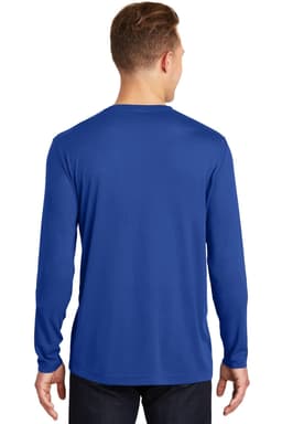 A blue long sleeve t-shirt with a smooth finish, featuring a logo on the back.