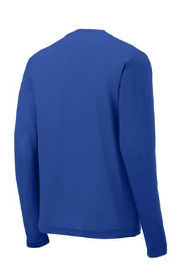A long sleeve t-shirt in a vibrant blue colour with a smooth fabric finish and branding on the back.