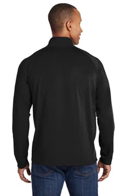 A black Sport-Tek Sport-Wick Stretch 1/2-Zip Pullover viewed from the back, featuring a simple design and a logo.
