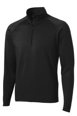 A black Sport-Tek Sport-Wick Stretch 1/2-Zip Pullover featuring long sleeves and a zippered neck. It has a logo.