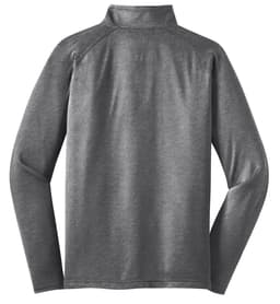 A grey Sport-Tek Sport-Wick Stretch 1/2-Zip Pullover with long sleeves and a collar. It has a logo on the design.