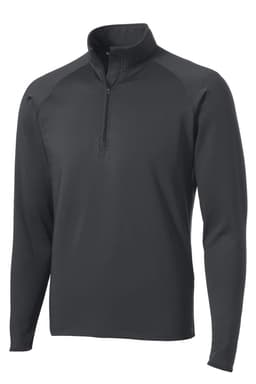A dark grey Sport-Tek Sport-Wick Stretch 1/2-Zip Pullover with long sleeves and a collar, featuring a logo.